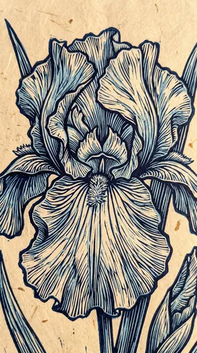 Blue Woodcut Iris on Textured Paper