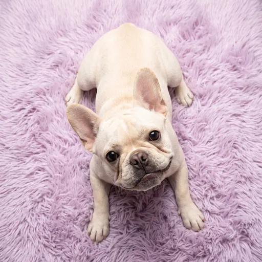 Cream French Bulldog on Lavender Rug