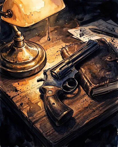 Watercolor Illustration of Revolver on Desk