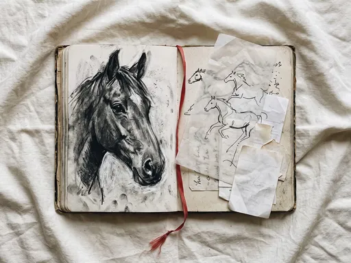 Open Sketchbook with Horse Drawings