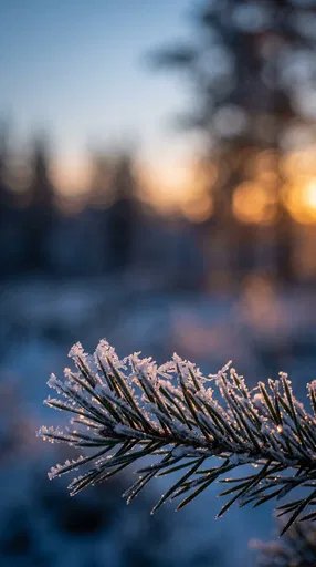 Frosty Pine Branch at Sunset