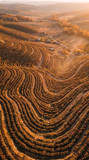 Aerial View of Autumn Terraced Hillside Farm