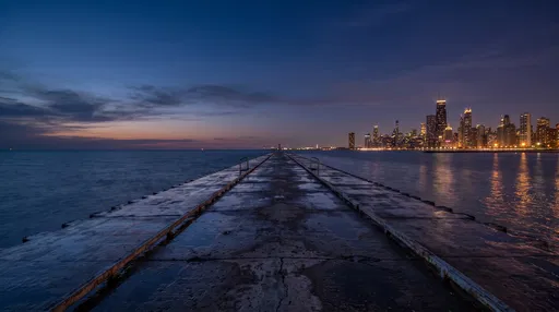 Chicago Skyline and Concrete Pier at Dusk
