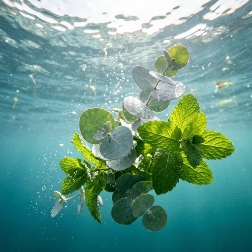 Eucalyptus and Peppermint Leaves Floating Underwater