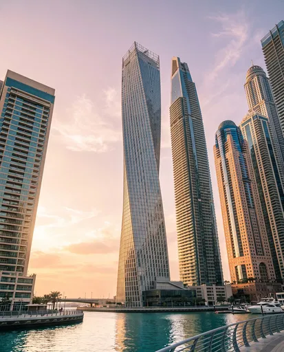 Twisting Skyscraper at Dubai Marina Sunset