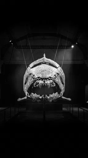 Monochrome Suspended Dunkleosteus Skull in Museum