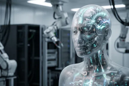 Translucent Humanoid Robot with Glowing Neural Circuitry