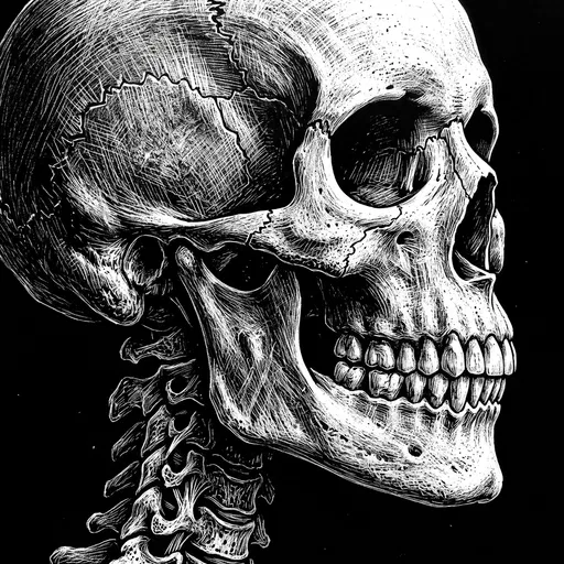 Monochrome Scratchboard Drawing of Human Skull