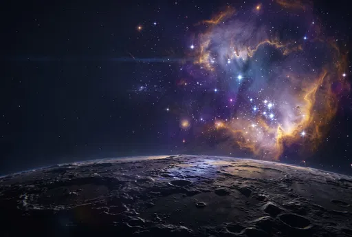 Vibrant Nebula Over Cratered Moon Horizon