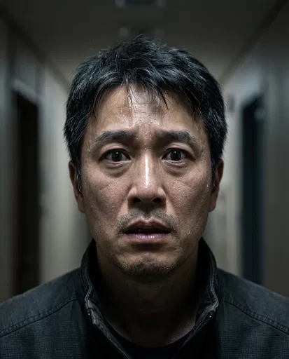 Terrified East Asian Man in Hallway