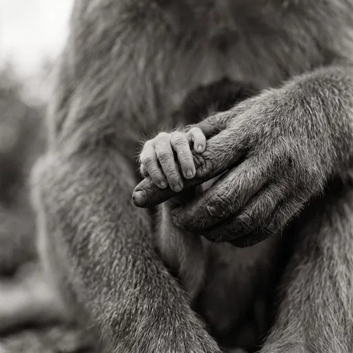 Infant Monkey Holding Mother Finger in Monochrome