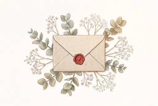 Envelope With Red Wax Seal and Botanicals