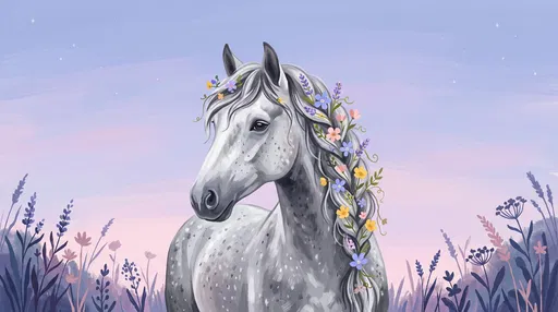 Dapple Gray Horse with Floral Mane Illustration