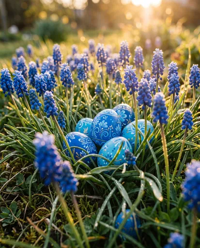 Blue Easter Eggs in Grape Hyacinths