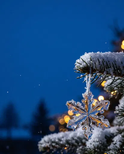 Crystal Snowflake Ornament on Snowy Pine Branch
