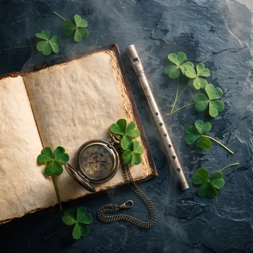 Vintage Book, Pocket Watch, and Clovers Flat Lay