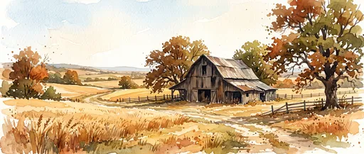 Autumn Countryside Barn Watercolor Illustration