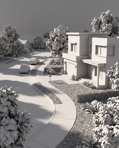 Monochrome Clay Render of Modern Suburban Street
