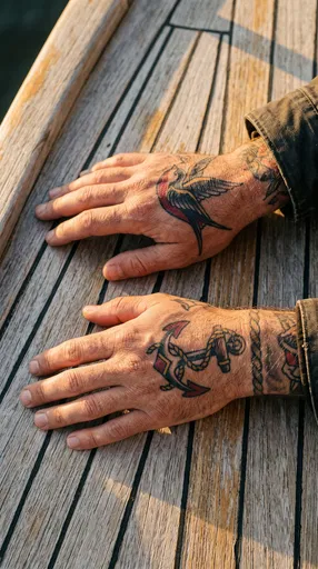 Man's Hands With Nautical Tattoos on Deck