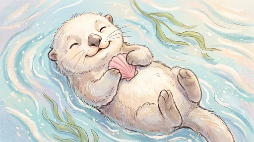 Cute Sea Otter Floating With Seashell Illustration