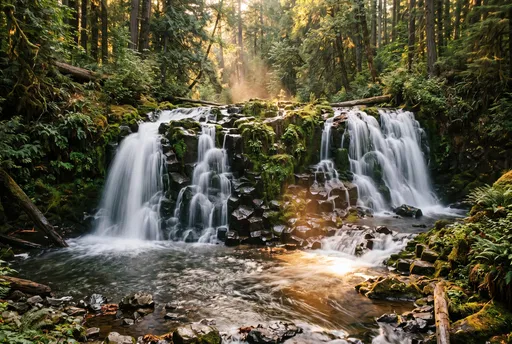 Golden Hour Forest Waterfall Over Basalt Rocks