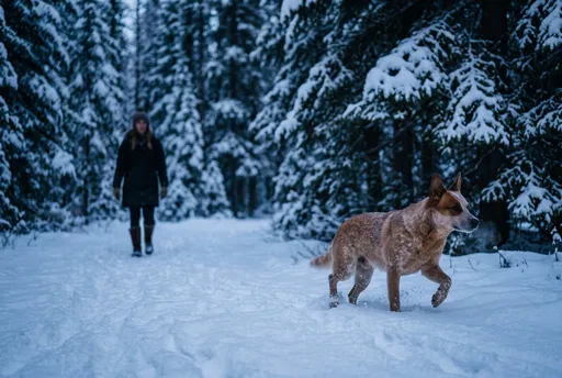 Red Heeler Dog in Snowy Forest