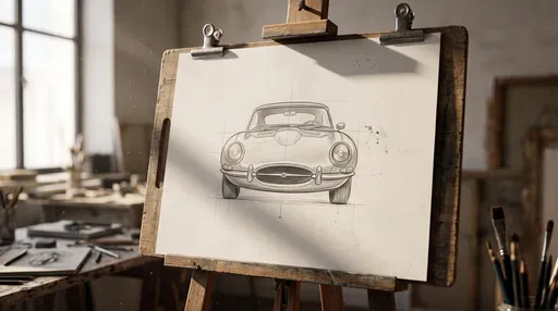 Vintage Sports Car Pencil Sketch on Easel