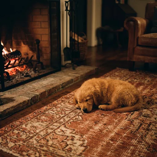 Golden Retriever Puppy Sleeping by Fireplace