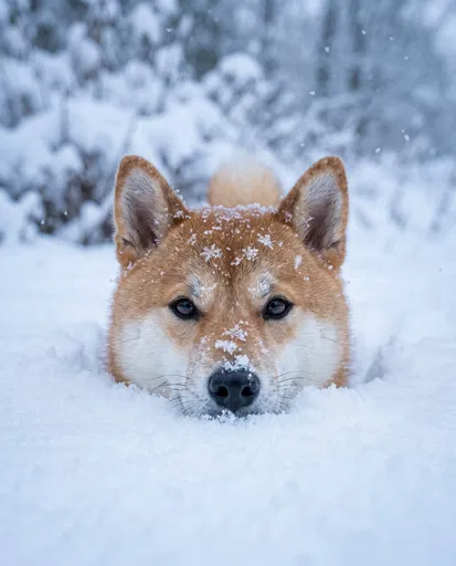Shiba Inu Peeking From Deep Snow