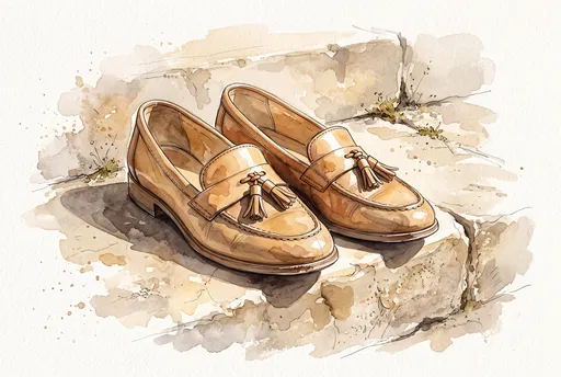 Watercolor Illustration of Tan Leather Tassel Loafers