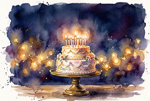 Watercolor Tiered Birthday Cake with Lit Candles