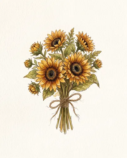 Watercolor Sunflower Bouquet with Twine