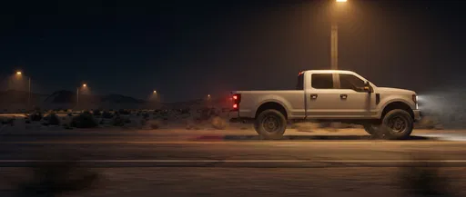 White Pickup Truck Driving Desert Road at Night