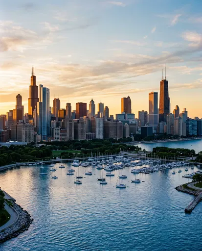 Chicago Skyline and Harbor at Sunset