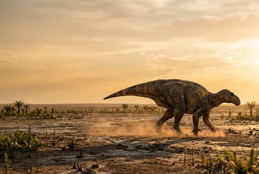 Iguanodon Walking Across Prehistoric Plain at Sunset