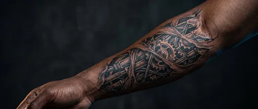 Biomechanical Forearm Tattoo on Dark Skin