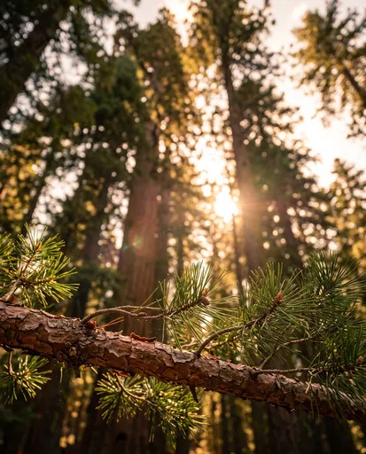 Sunlit Pine Branch in Forest