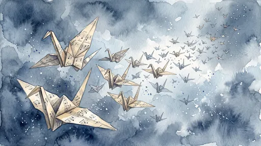 Watercolor Sheet Music Origami Cranes Flying