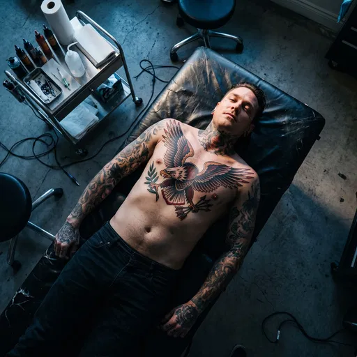 Man With Eagle Chest Tattoo in Studio