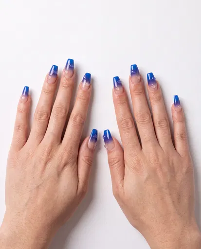 Blue Ombre Coffin Nails With Gel Hearts