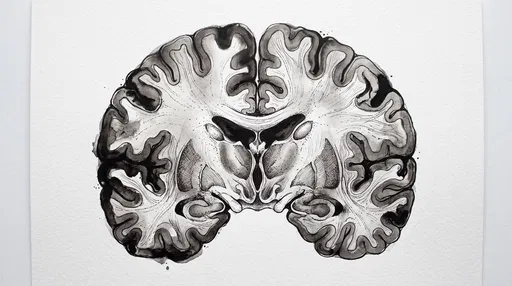 Black Ink Coronal Brain Cross-Section Drawing
