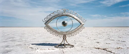 Silver Eye Mirror Sculpture on Salt Flat