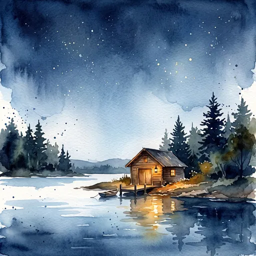Watercolor Night Lakeside Boathouse Illustration