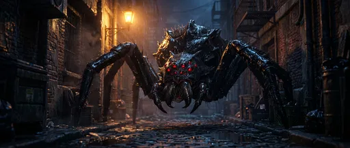 Giant Spider Monster in Dark Alleyway