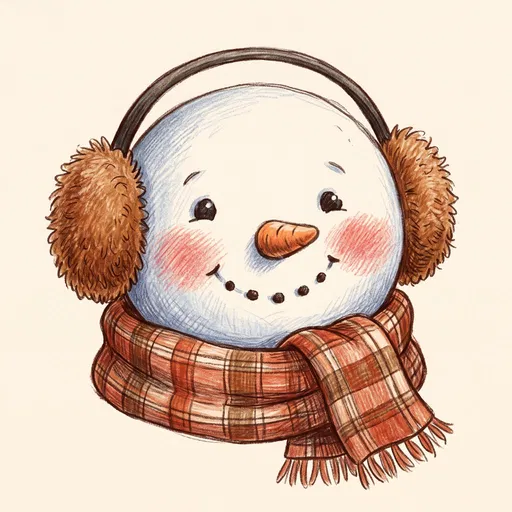 Hand-Drawn Snowman Head with Plaid Scarf