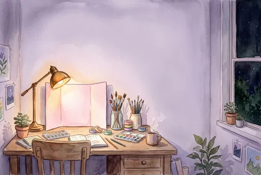 Cozy Watercolor Artist Desk at Night