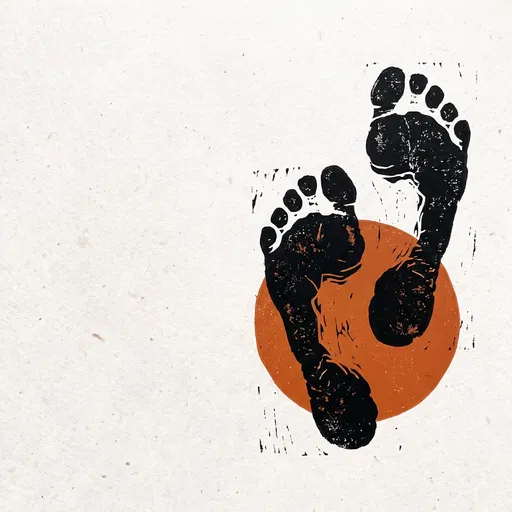 Block Print Footprints Over Orange Circle