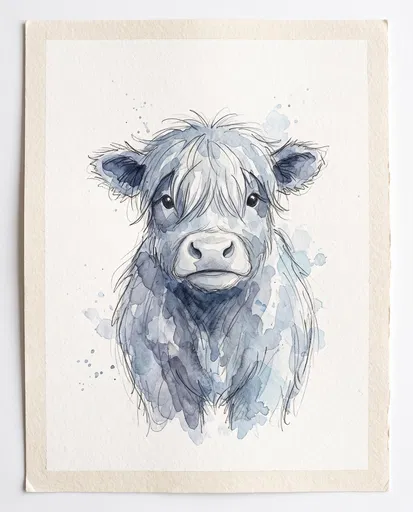 Blue Watercolor Highland Cow Calf Sketch