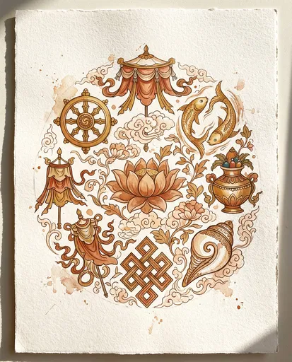 Watercolor Buddhist Auspicious Symbols Illustration