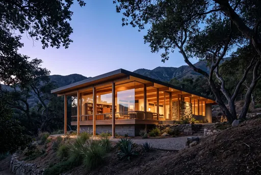 Mid-Century Post and Beam Home at Dusk